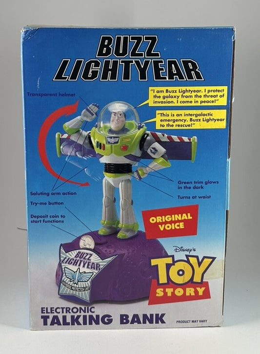 Vintage 1995 Toy Story BUZZ LIGHTYEAR Electronic Talking Bank Thinkway MIB