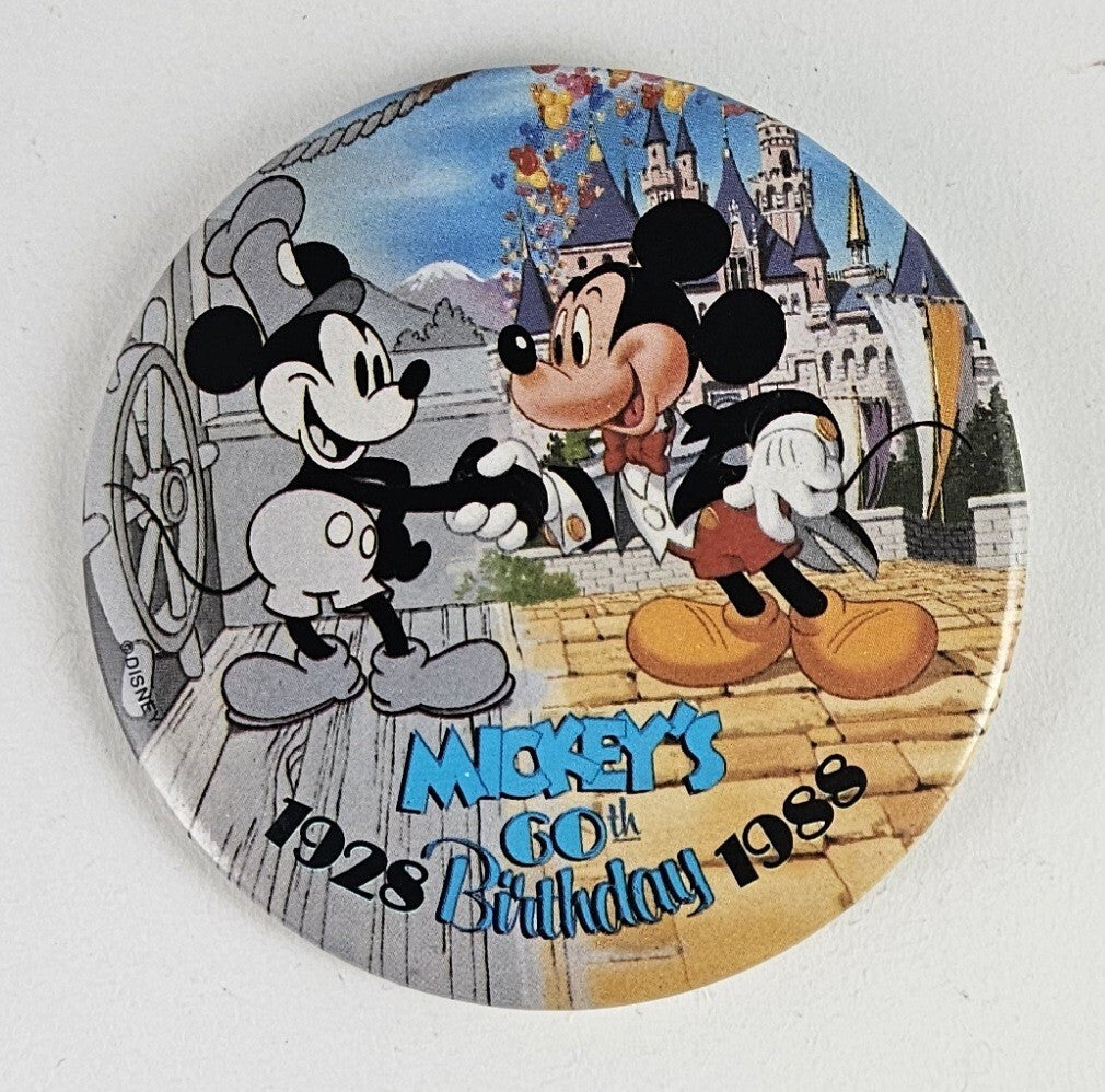 Mickey's 60th 1928 1988 Birthday Mickey Mouse Disneyland Button Badge Pinback 3"