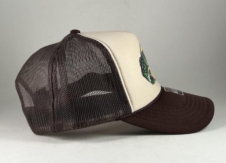 YO NO PESCO Trucker Hat/Snapback Cap, Brown/Beige Bass Fish OSFA NWT